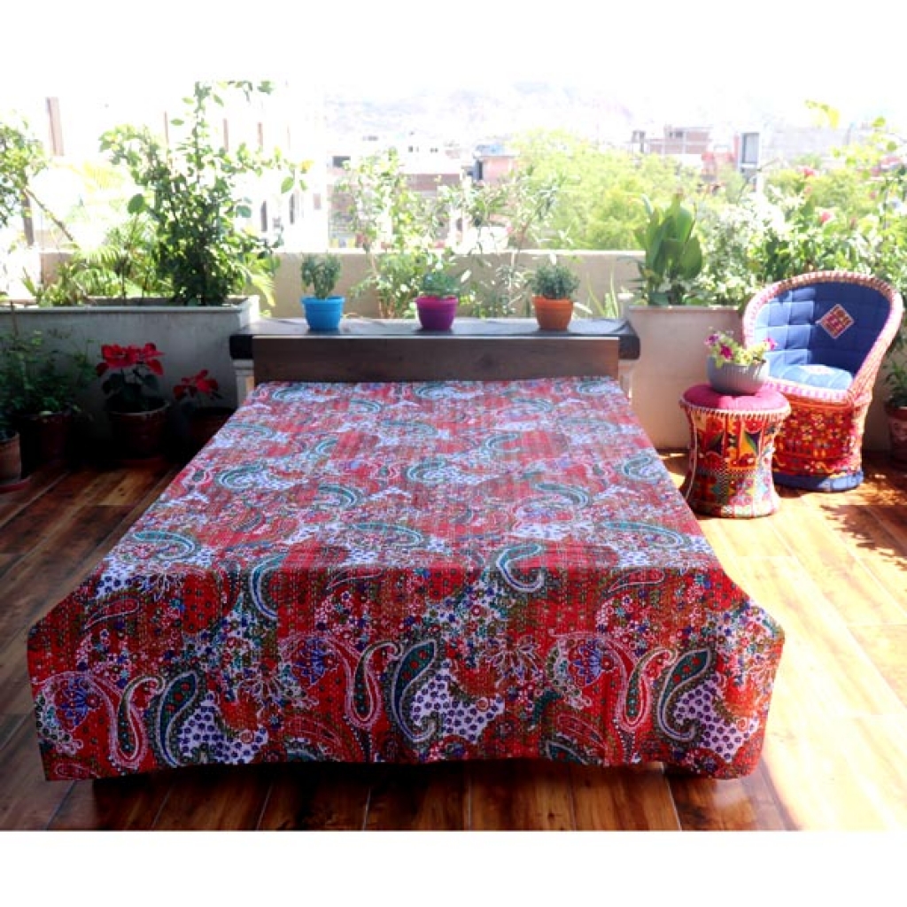 Screen Print Kantha Bed Cover