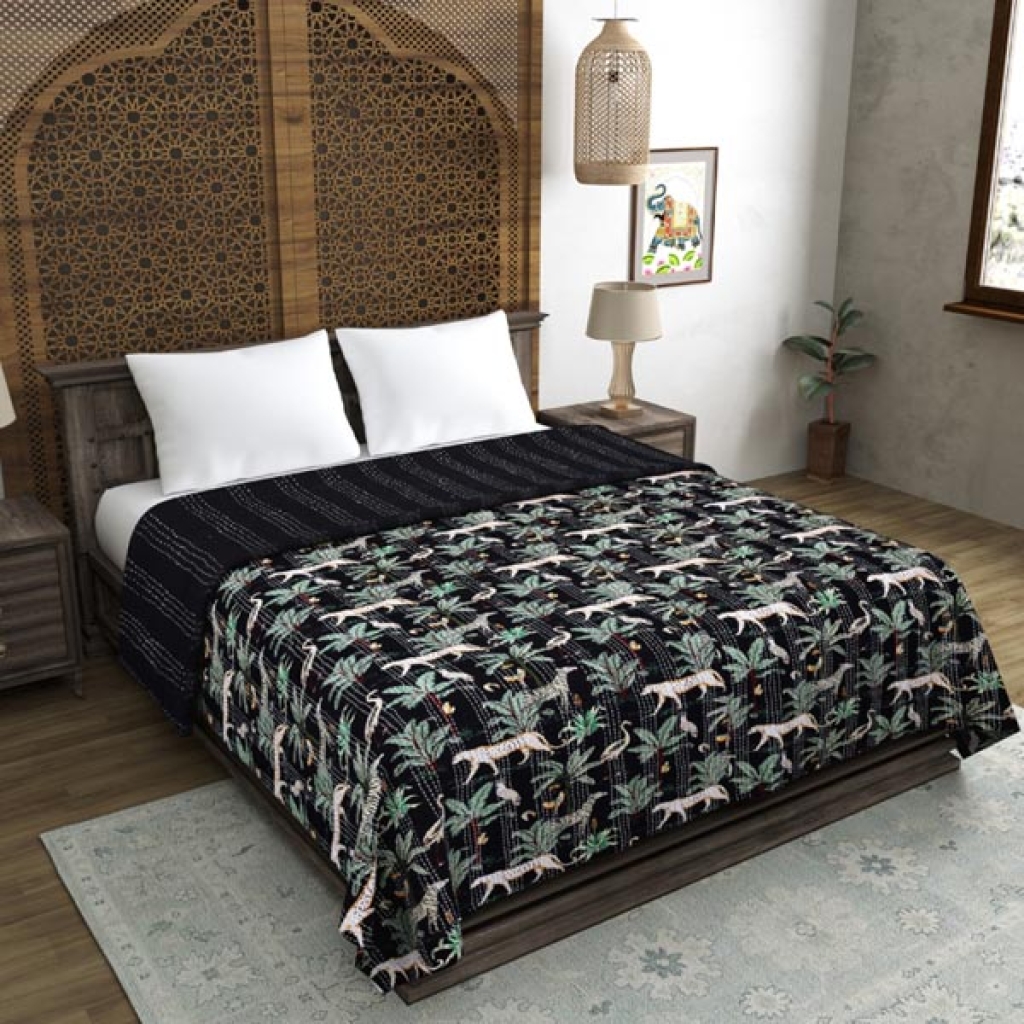 TIGER PRINTED KANTHA BED COVER