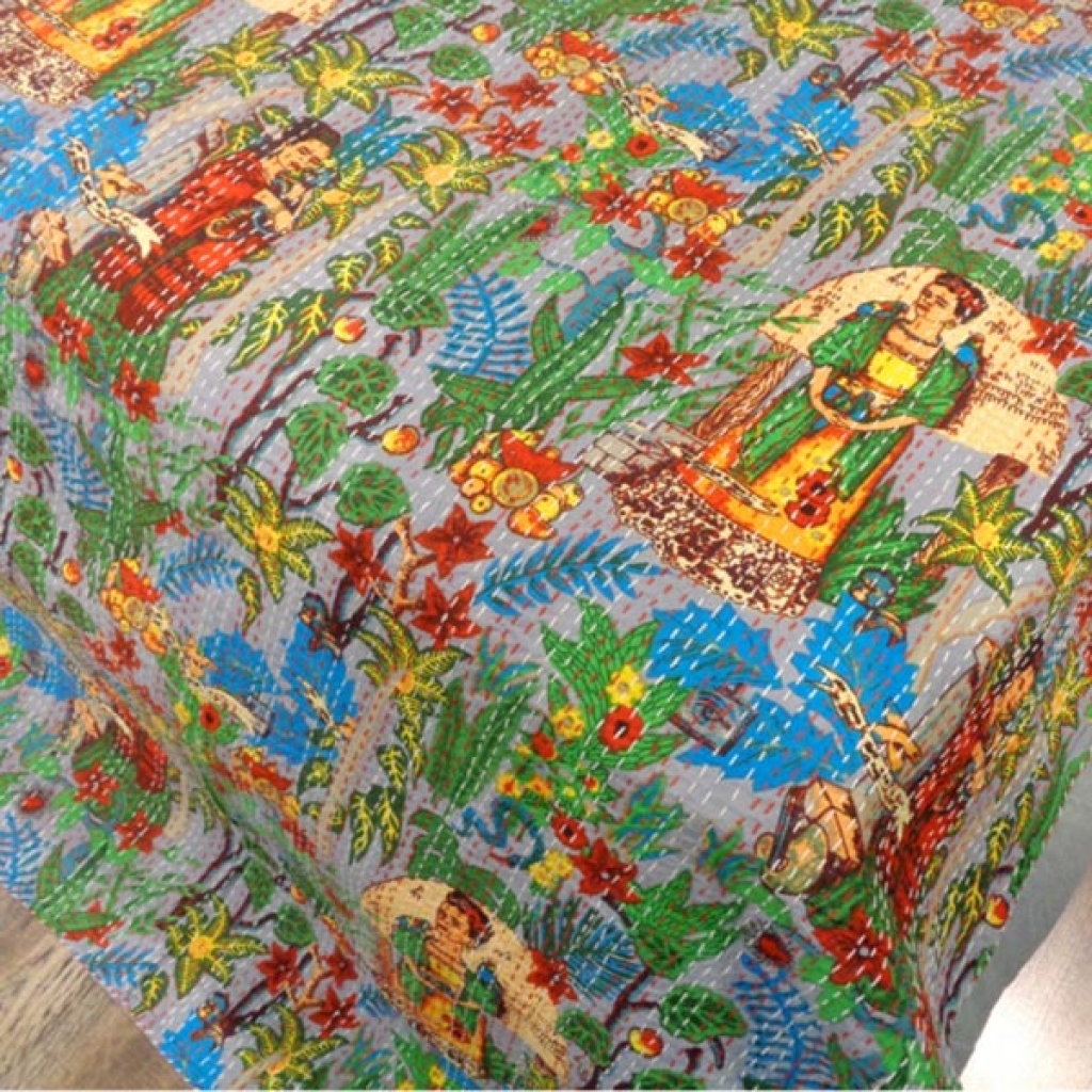 DESIGNER PRINT HANDMADE COTTON KANTHA BED COVER